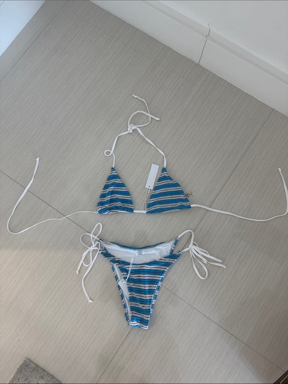 Blue Striped Tie-Side Triangle Bikini Top & Bottom Set